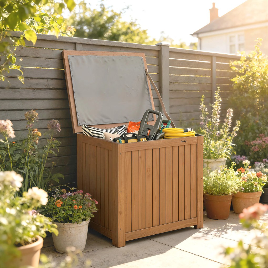 Outsunny Bancă de Exterior 130L, Capac, Cutie Lemn cu Balamale și Curea | Aosom Romania