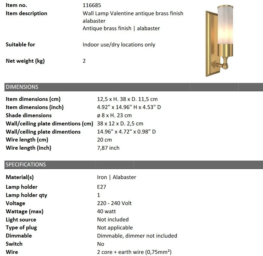 Aplica de perete design LUX Valentine alama antic/ alabastru