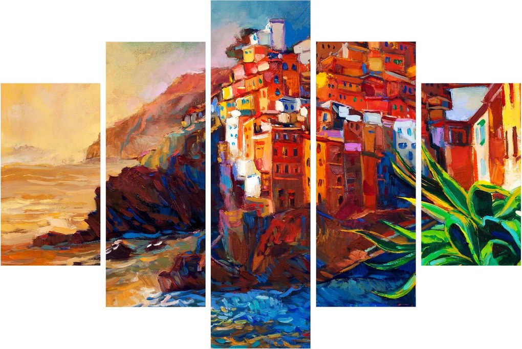 Tablou - Satul de coastă Cinque Terre, Riviera italiană, impresionismul modern (150x105 cm)