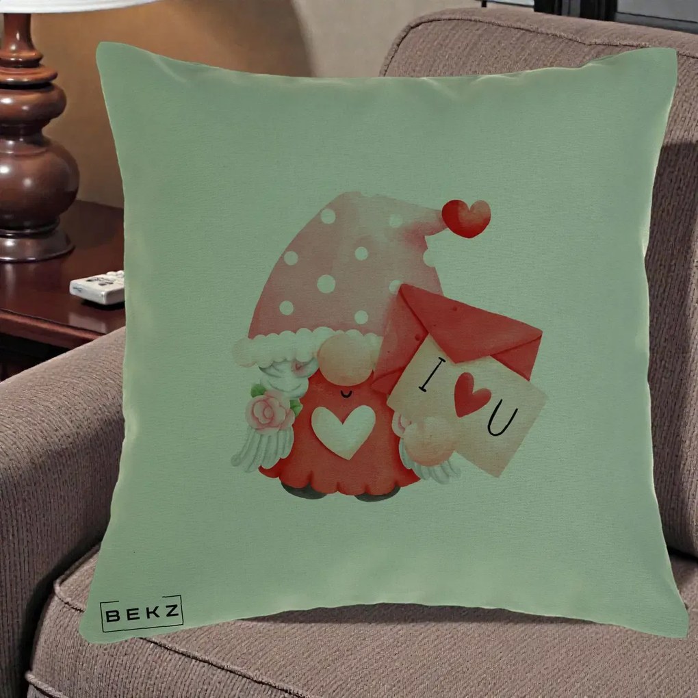 Cadou Romantic - Perna Personalizata I Love You Gnome Valentine cu Scrisoare, 40x40 cm, Verde, Husa Detasabila, Perna Inclusa, BEKZ®