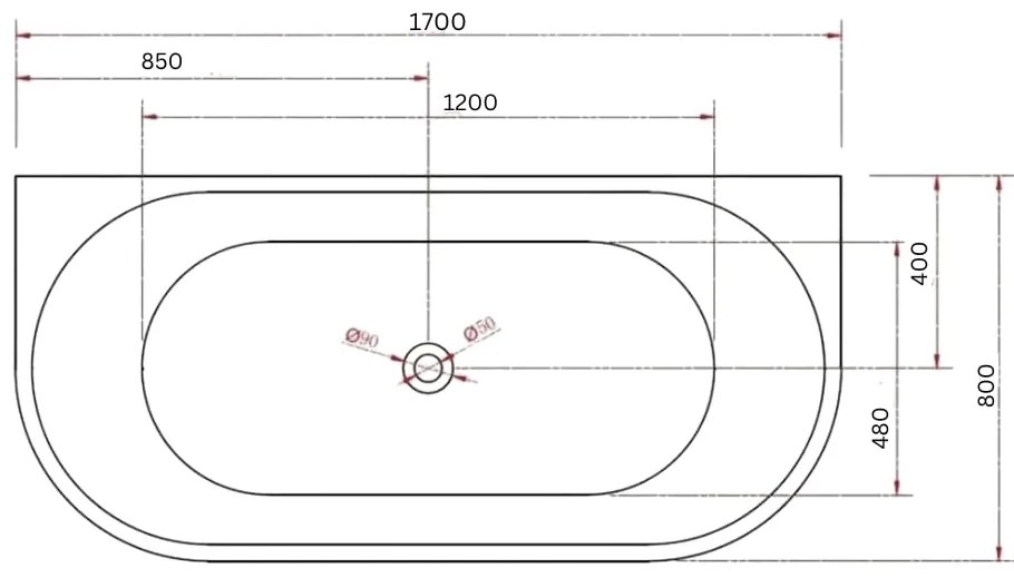 Cada baie freestanding, lipita de perete, 170 x 80 cm, Foglia Mara 1700x800 mm