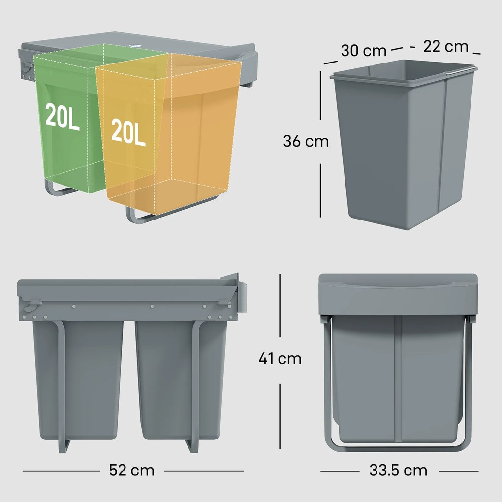 HOMCOM Coș de gunoi retractabil sub chiuvetă, 2 găleți de 20L, Gri | Aosom Romania