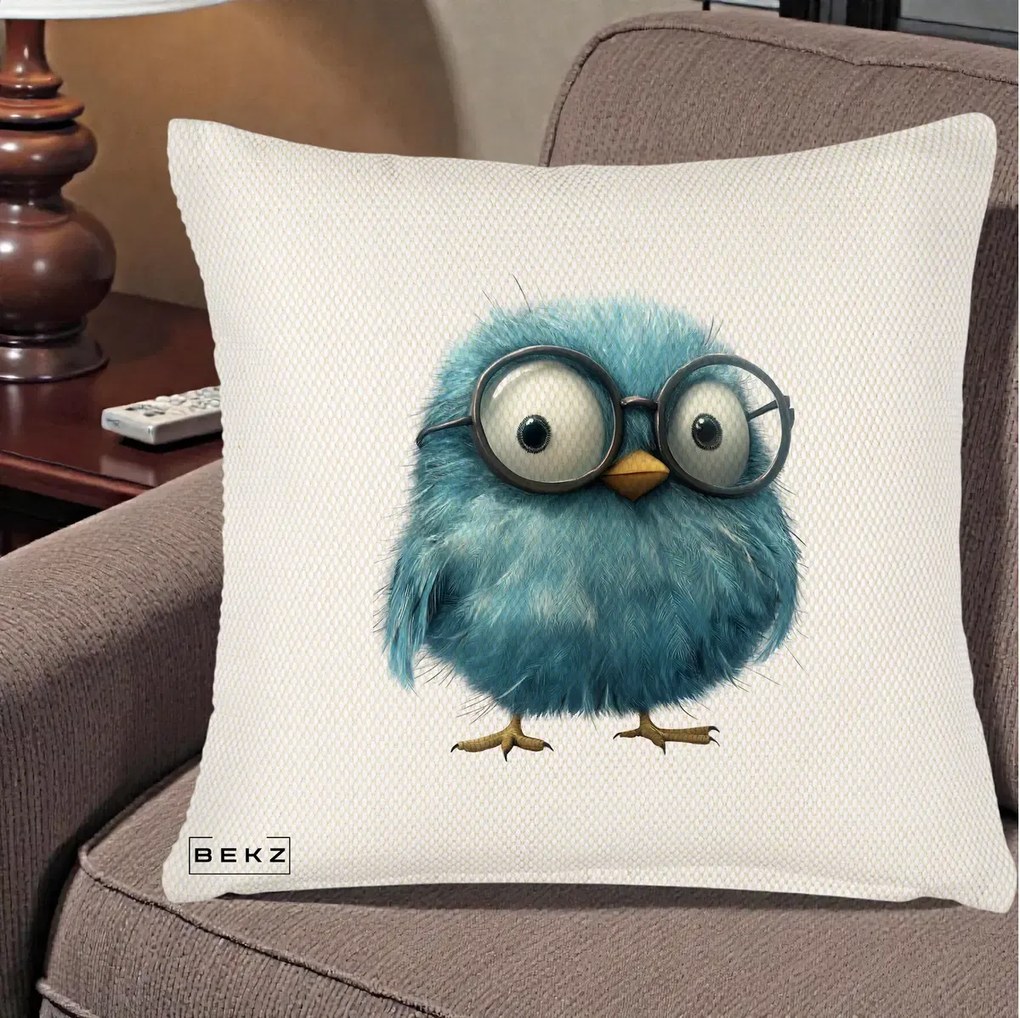 Perna Decorativa Pui Pufos Teal cu Ochelari, 40x40 cm, Crem Reliefat, Husa Detasabila, Perna Inclusa, BEKZ®