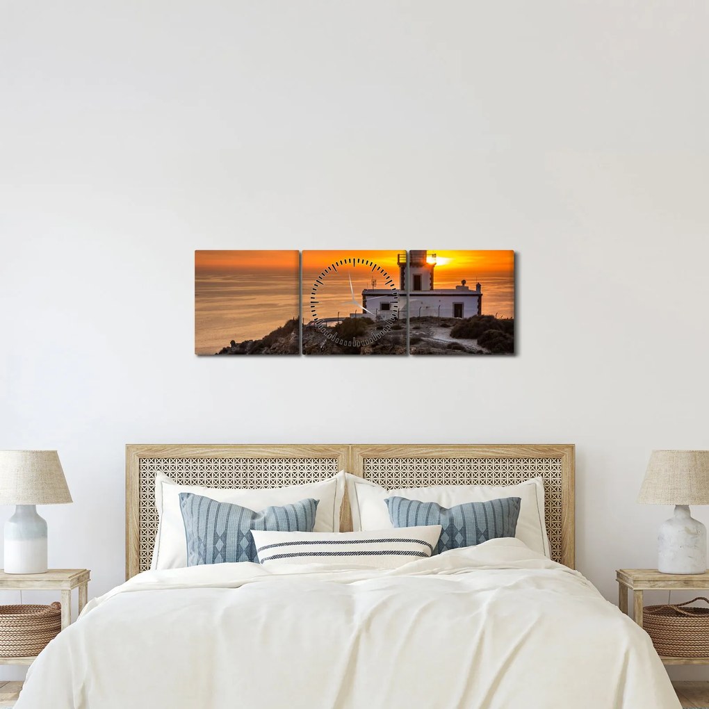 Tablou cu far în apus de soare (cu ceas) (90x30 cm)