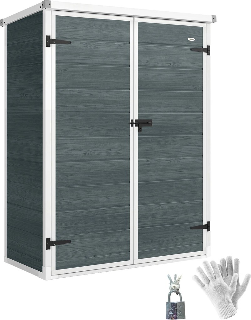 Outsunny Depozit pentru unelte 0,8m², șopron pentru unelte cu rafturi pliante, 134 x 68,5 x 170 cm, din plastic cu uși duble închise cu lacăt, placă pentru podea | Aosom Romania