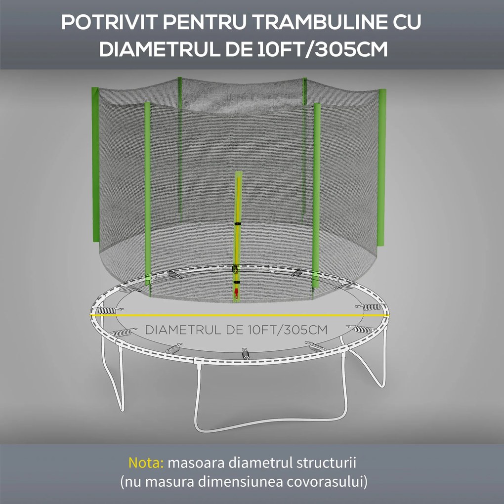 SPORTNOW Plasă Protecție Trambulină Rotundă 305cm cu 6 Stâlpi Drepti Rezistentă Negru/Verde | Aosom Romania