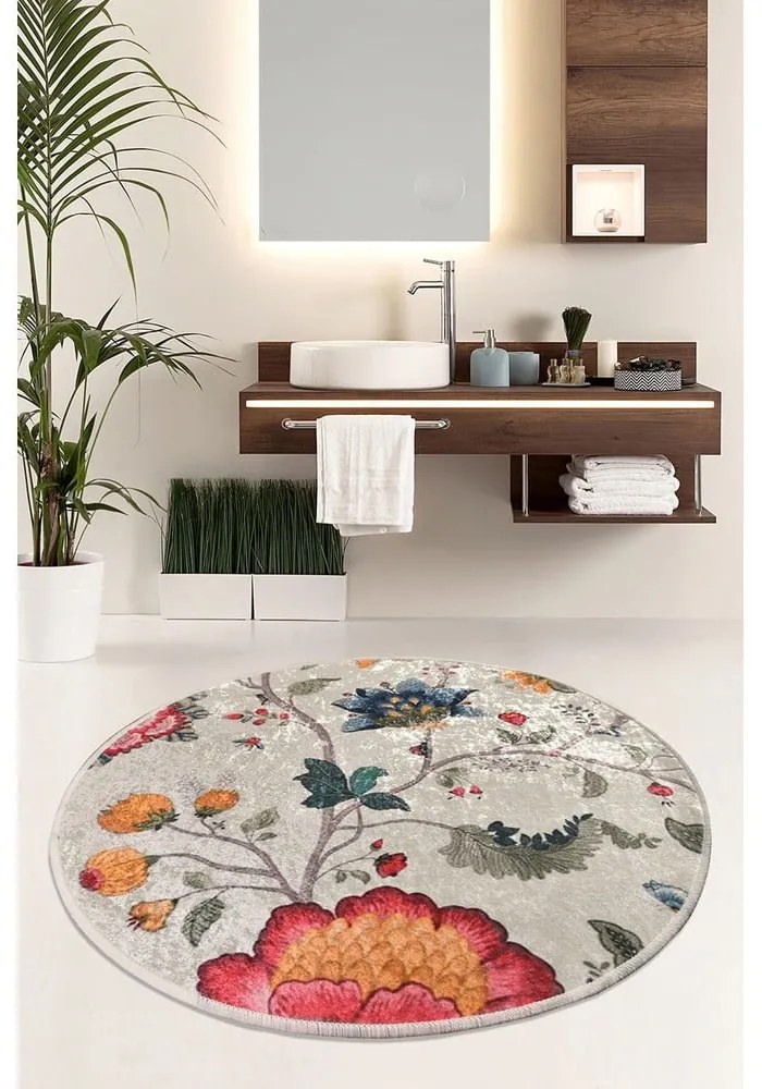 Covoraș de baie gri din catifea ø 100 cm Vintage Flower – Foutastic
