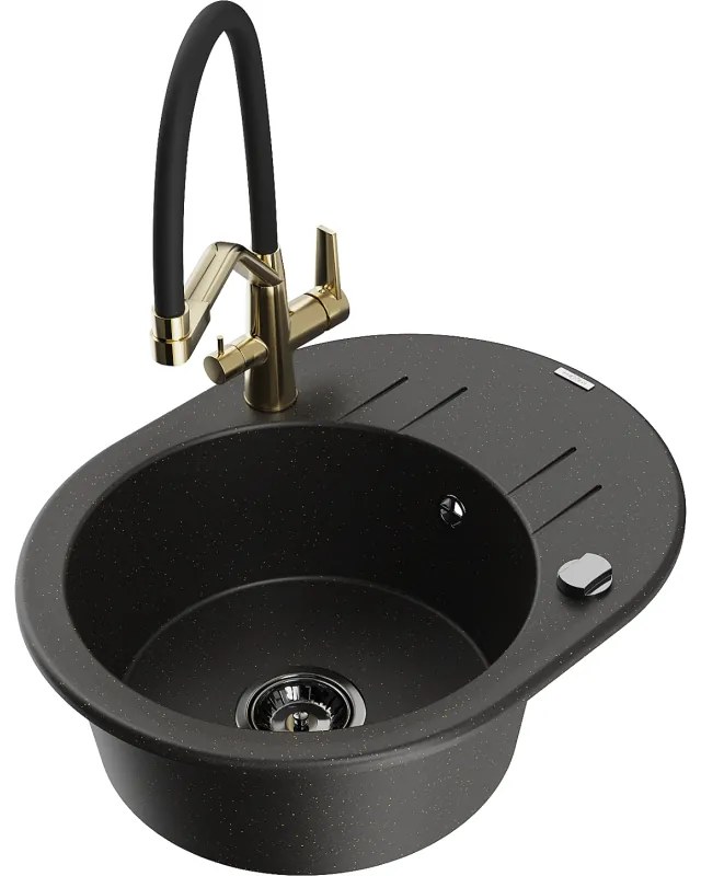 Mexen Kevin chiuvetă de granit cu 1 cuvă cu baterie de bucătărie Duo, negru/auriu metalizat - 6517-75-671701-57-B