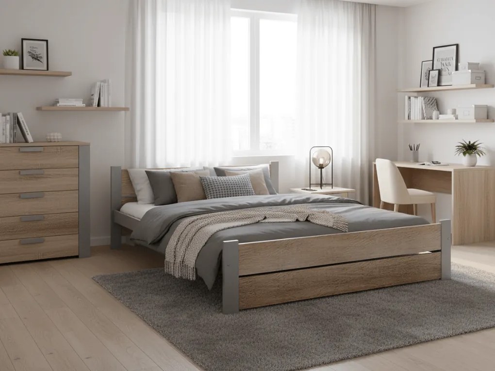 Pat de o persoana IKAROS DOUBLE 120 x 200 cm, stejar sonoma/gri Saltele: Cu saltele Deluxe 10 cm, Somiera pat: Cu lamele curbate