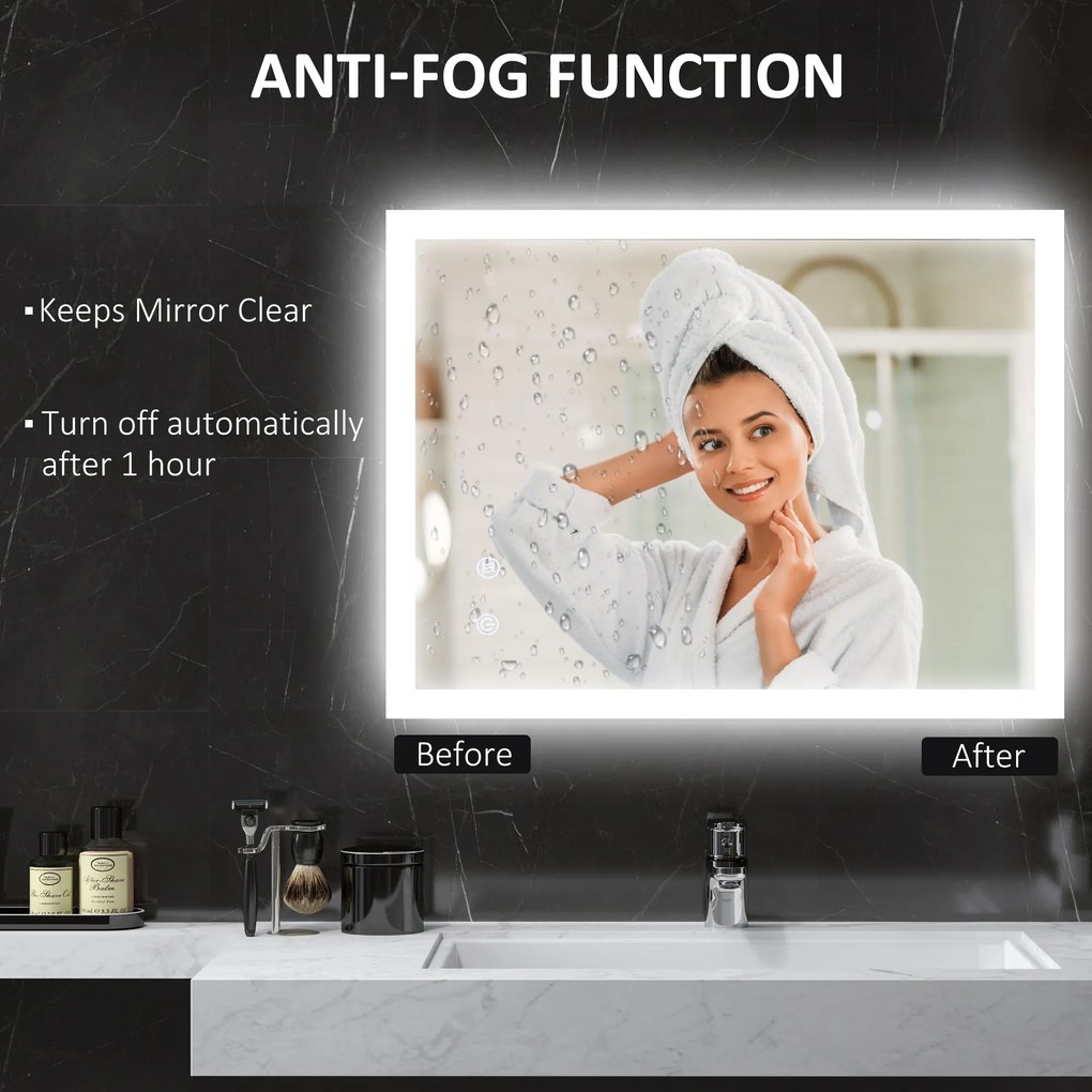 Kleankin Oglinda LED, Oglinda de Machiaj de Perete cu 3 Lumini, 800x600mm, Tactilă, Anti-Ceță, Montare Orizontală/Verticală | Aosom Romania