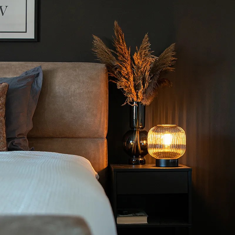 Lampă de masă Art Deco neagră cu sticlă fumurie - Karel