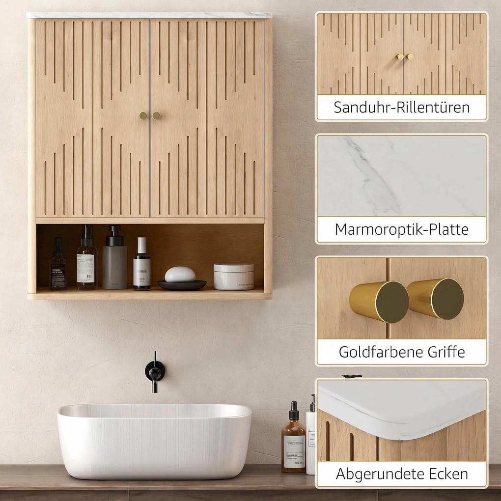 HOMCOM Dulap de Baie de Perete cu Raft Deschis și Uși Decorate Stejar | Aosom Romania