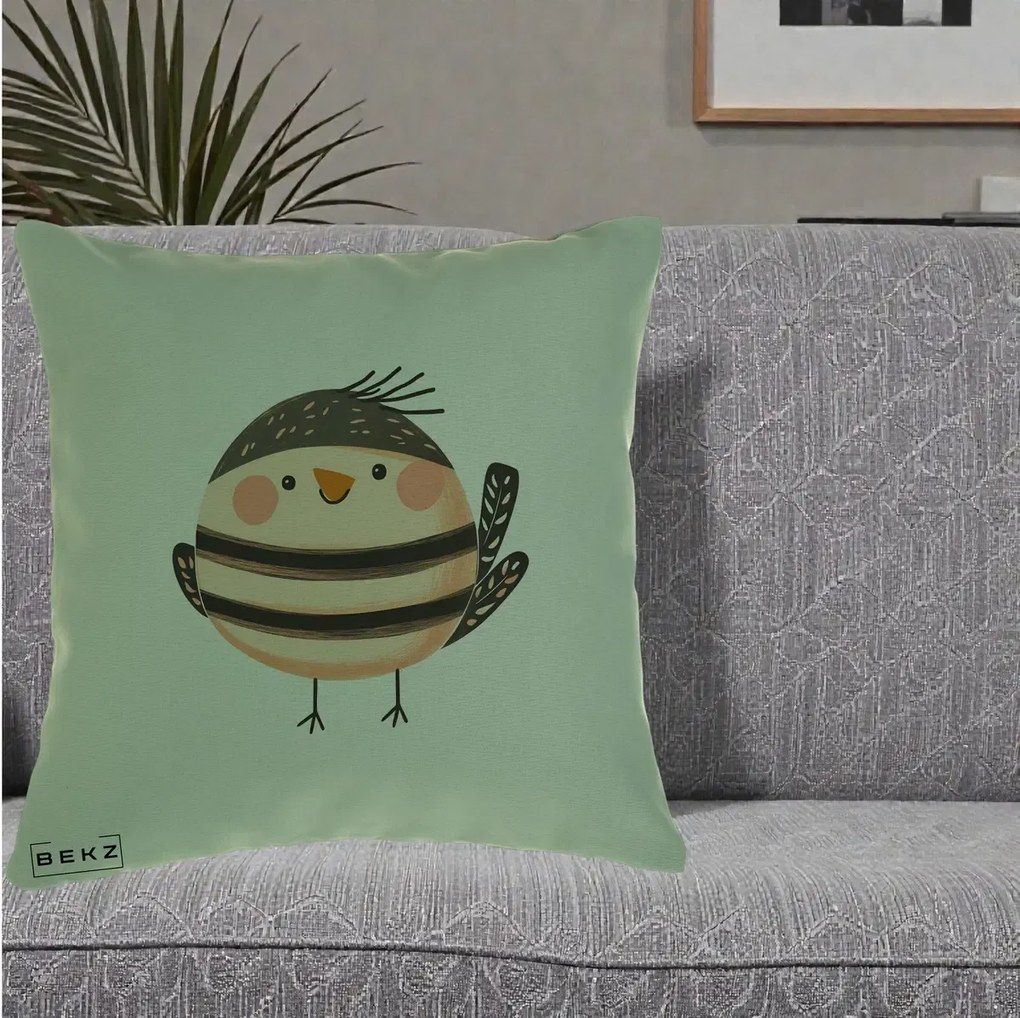 Perna Decorativa Pui Kawaii Bej-Negru Dungat, 40x40 cm, Verde, Husa Detasabila, Perna Inclusa, BEKZ®