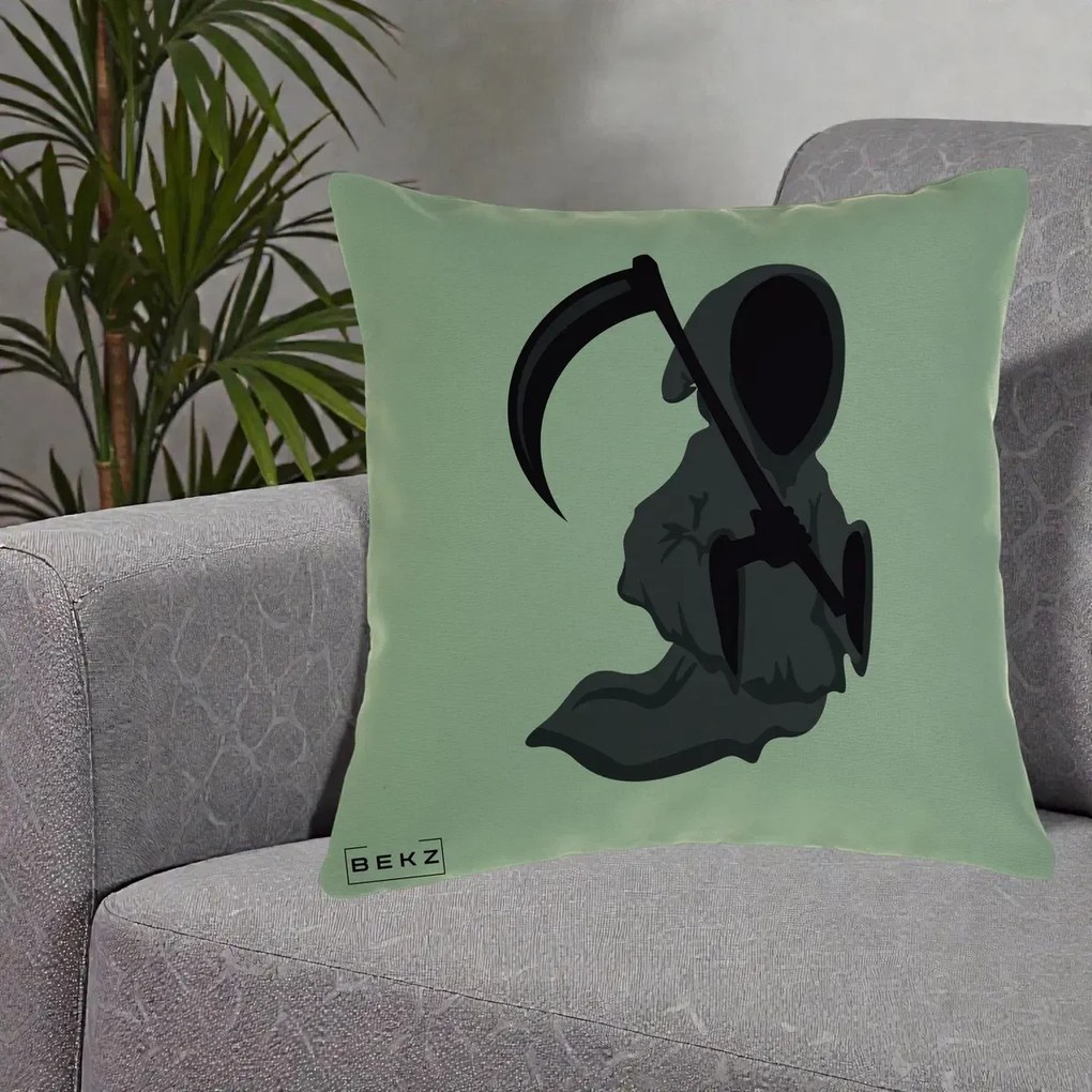 Perna Decorativa Moartea cu Coasa Grim Reaper Halloween, 40x40 cm, Verde, Husa Detasabila, Perna Inclusa, BEKZ®