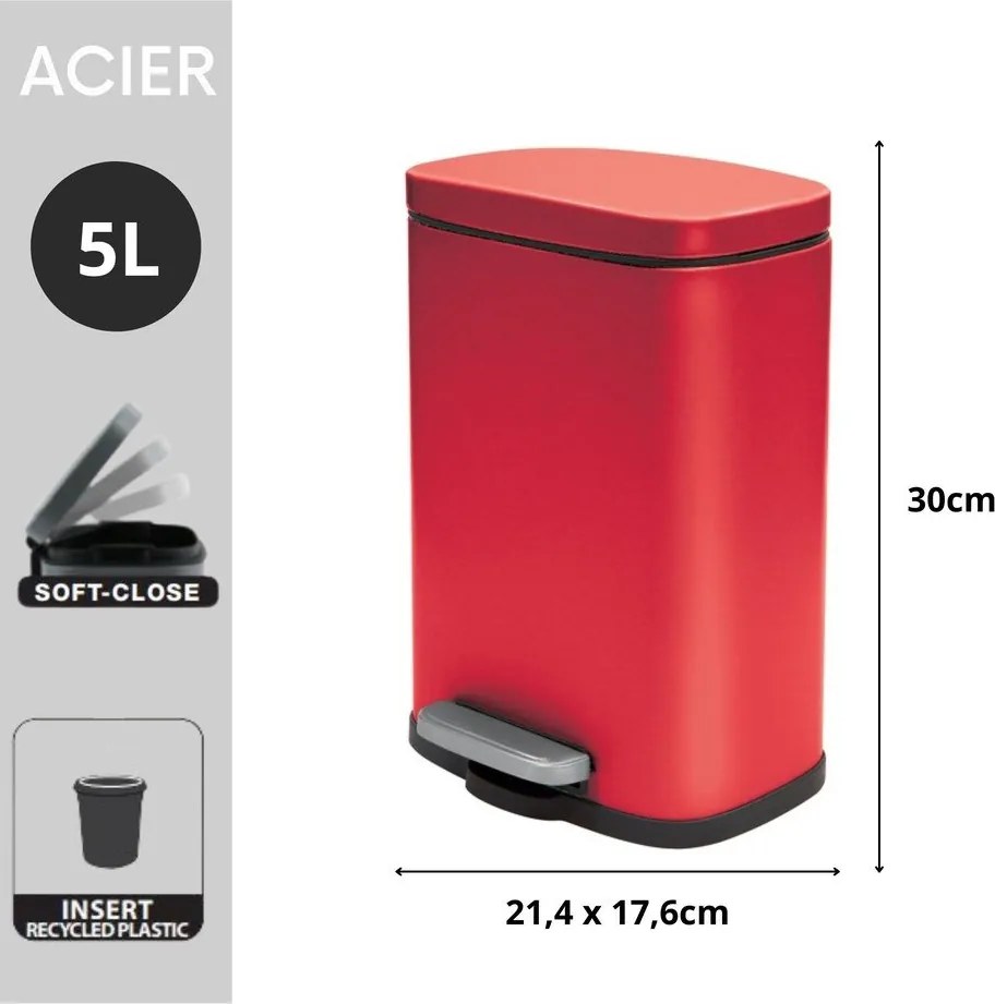 Coș de gunoi roșu cu pedală din oțel 5 l Akira – Spirella