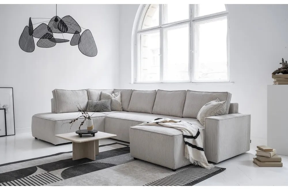 Colțar alb extensibil cu tapițerie din catifea reiată (cu colț pe partea stângă /în formă de "U") Brave Dave – Miuform