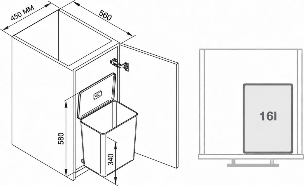 Cos gunoi incorporabil in dulap Ecomax Sesamo 45, cu extragere automata, gri, 1 x 16 l Polipropilena cu fibra de sticla, L:312 mm; l:237 mm; H:340 mm,