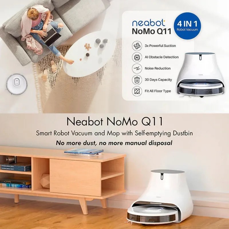 Robot aspirator Neabot NoMo Q11, Li-ion 5200 mAh, Wi-Fi, 50W, 4000 Pa, 2.5 l, Curatare uscata / umeda, Filtru HEPA lavabil, Autogolire, Alb / Negru