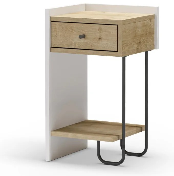 Noptieră albă/în culoare naturală cu rafturi cu aspect de lemn de stejar Mercure – Marckeric