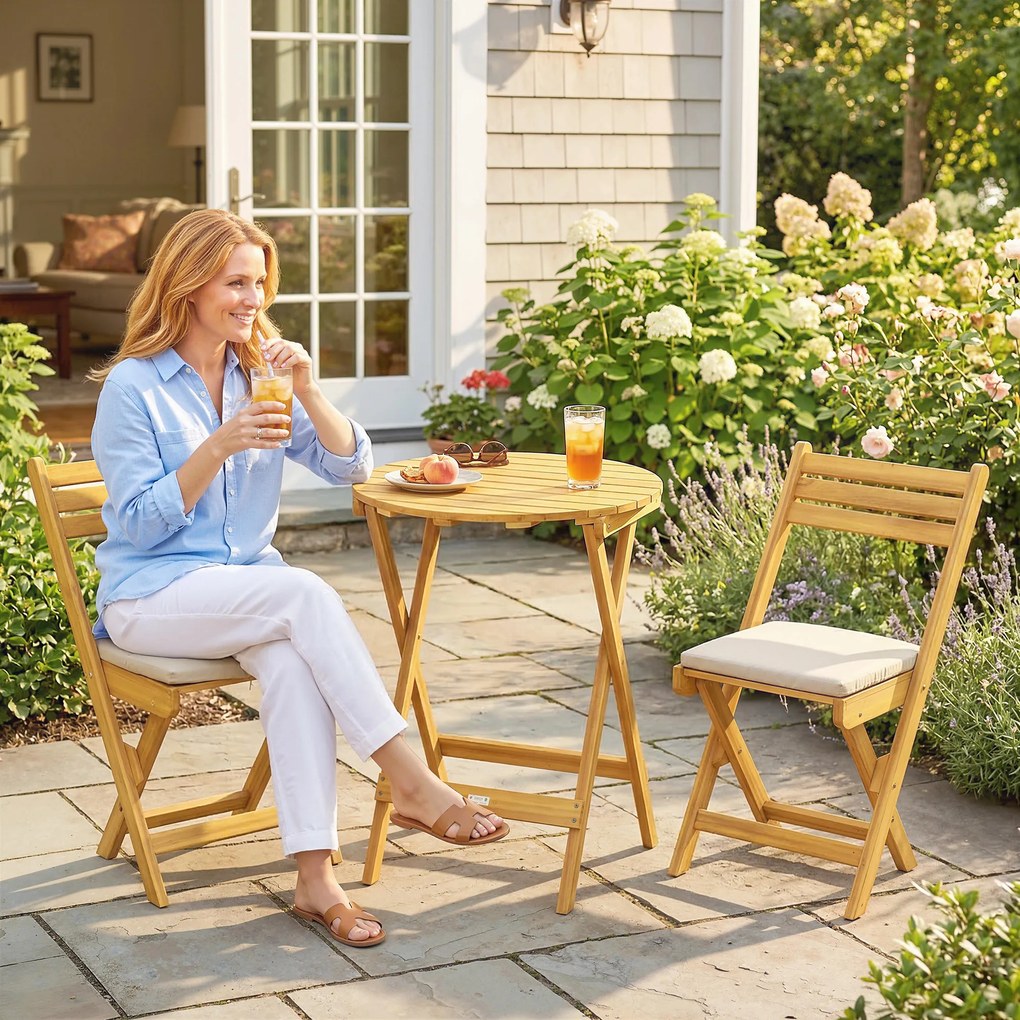 Outsunny Set mobilier balcon 3 piese lemn FSC pliabil set mobilier grădină cu masă rotundă 2 scaune perne șezut respirabile șezut lamelar | Aosom Romania
