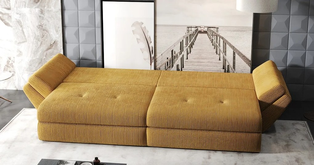 Canapea extensibilă dumonde cu ladă de depozitare si sezut confortabil din spuma high-density, Loana Zoom Mustar 300x100 cm