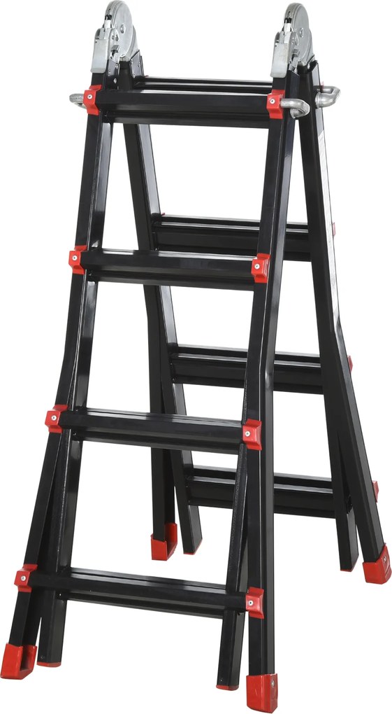 HOMCOM Scară telescopică, trepte antialunecare, rezistentă până la 150 kg, aluminiu, Negru+Roșu | Aosom Romania