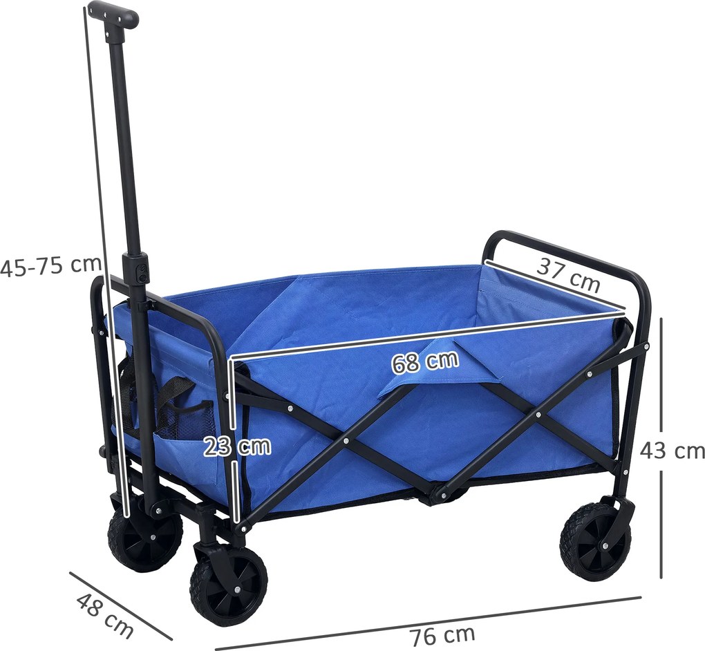 Outsunny Trolley de 62L pentru Festivaluri pe Roți, Cărucior de Grădină Pliabil, Wagon Compact cu Capacitate 120kg, Mâner Reglabil și Geantă pentru Plajă, Camping, Festivaluri, Albastru | Aosom Romania