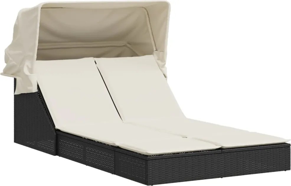 vidaXL Șezlong dublu cu baldachin și perne, negru, poliratan