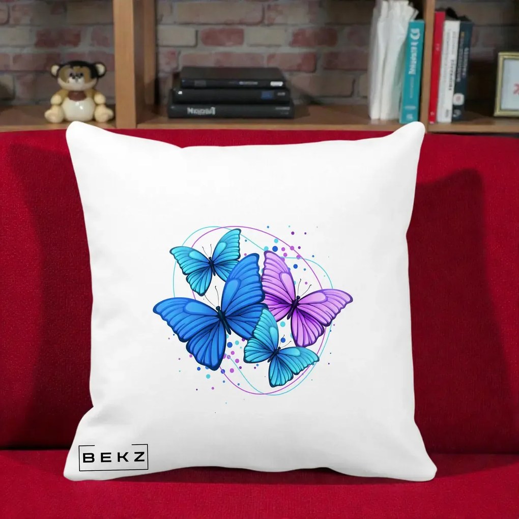 Perna Decorativa Patru Fluturi Turcoaz-Violet, 40x40 cm, Alba Mata, Husa Detasabila, Perna Inclusa, BEKZ®