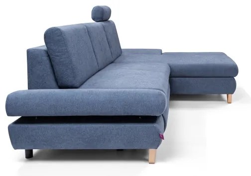 Colțar extensibil tapițat AVESTA, cu spațiu de depozitare, în formă de L, orientare dreaptă, albastru