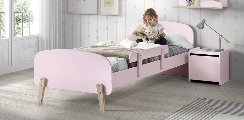 Set KIDDY în roz format dintr-un Pat copii (90x200) cu noptieră și bară de siguranță.
