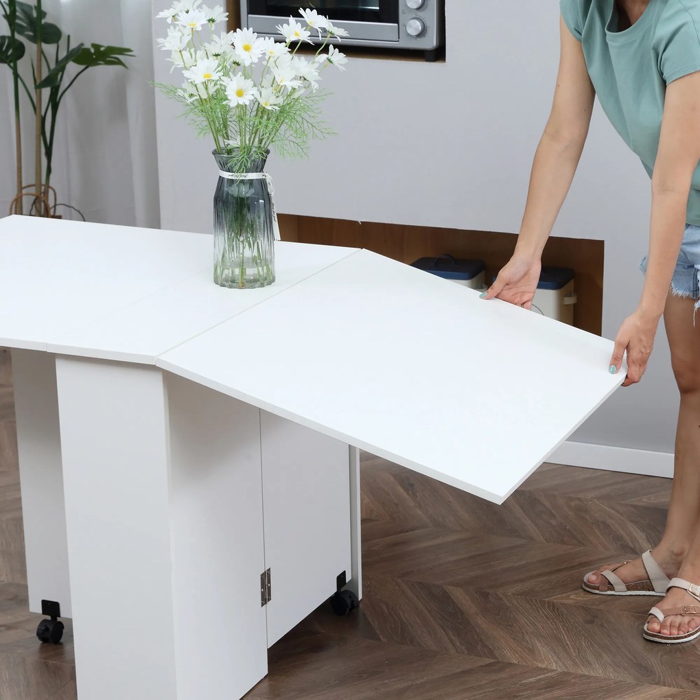 HOMCOM Masă Pliabilă pentru 4-6 Persoane cu 2 Roți și 2 rafturi depozitare, 140x75x74cm, Alb | Aosom Romania