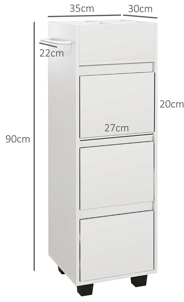 HOMCOM Mobilier de depozitare pentru baie cu 4 compartimente, 3 sertare și suport pentru prosoape, dim. 35 x 30 x 90 cm, alb | Aosom Romania