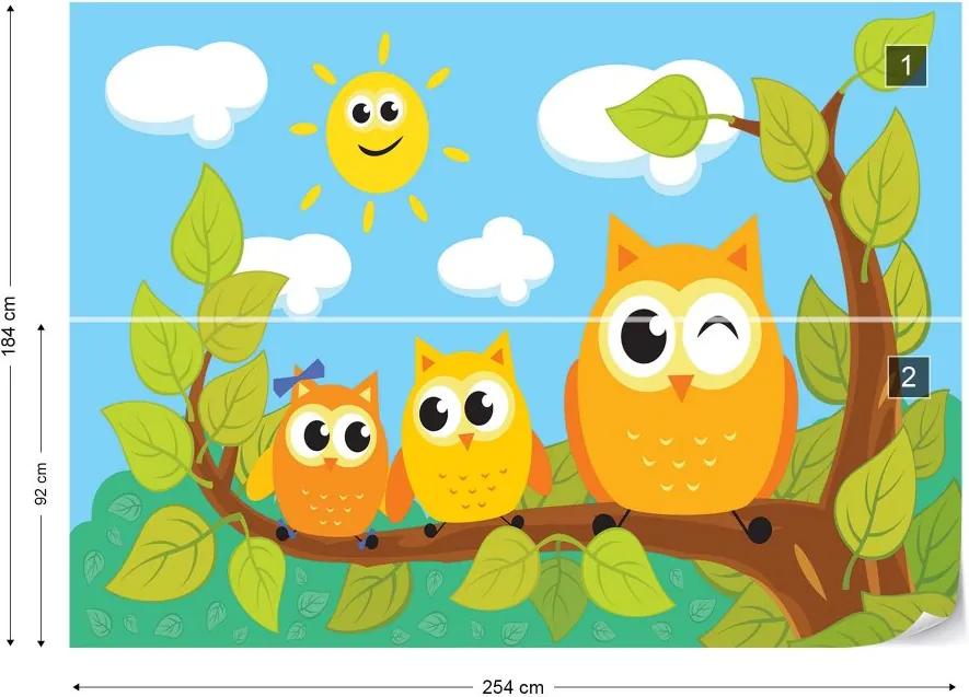 Fototapet GLIX - Kid'S Cartoon Owls In Tree + adeziv GRATUIT Tapet nețesute - 254x184 cm