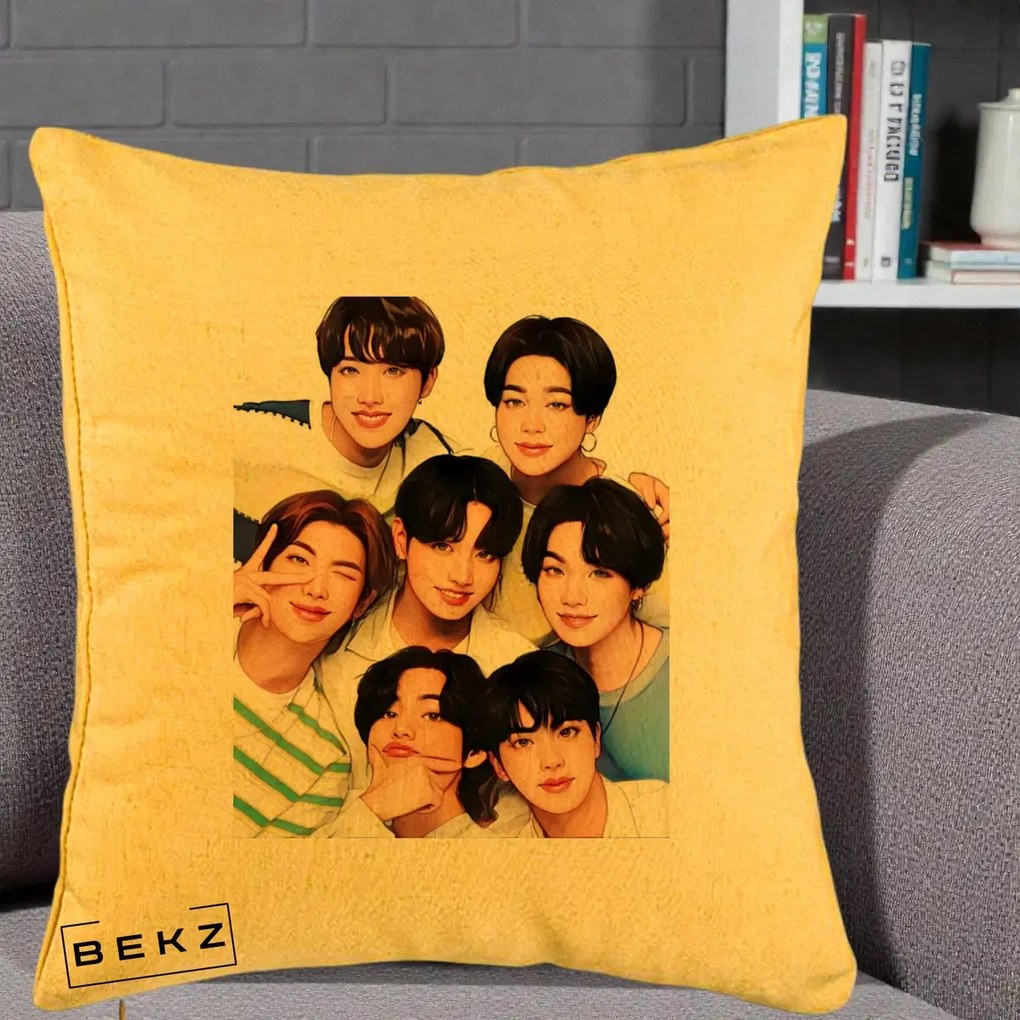 Perna Personalizata K-pop BTS Bangtan Boys Portret Grup Fanart, 40x40 cm, Galben, Husa Detasabila, Perna Inclusa, BEKZ®