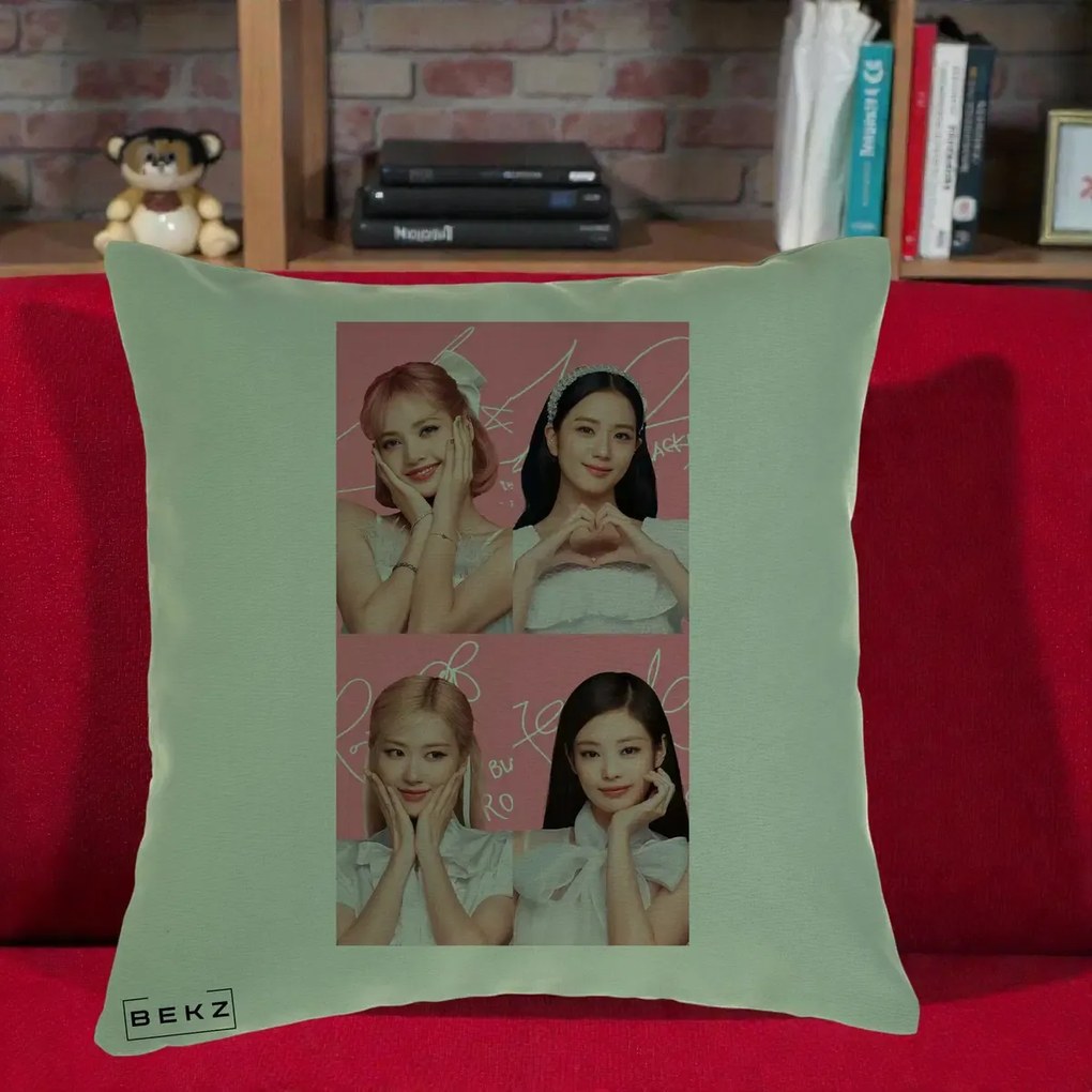 Perna Personalizata K-pop BLACKPINK Colaj Roz, 40x40 cm, Verde, Husa Detasabila, Perna Inclusa, BEKZ®