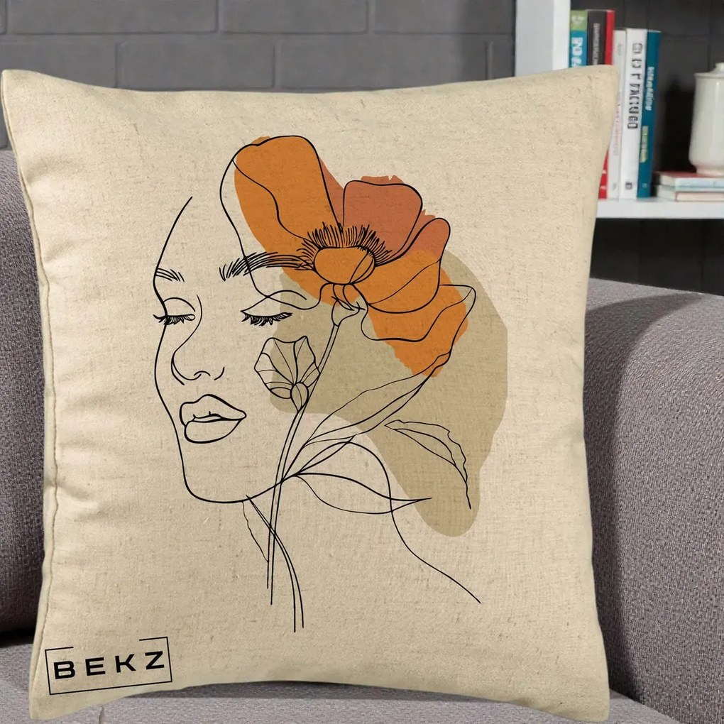Perna Decorativa Portret Feminin Mac Mare Portocaliu, 40x40 cm, Bej, Husa Detasabila, Perna Inclusa, BEKZ®