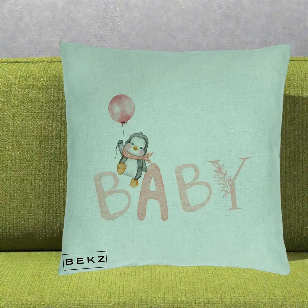 Perna Personalizata Baby Pinguin Roz, 40x40 cm, Verde Menta, Husa Detasabila, Perna Inclusa, BEKZ®