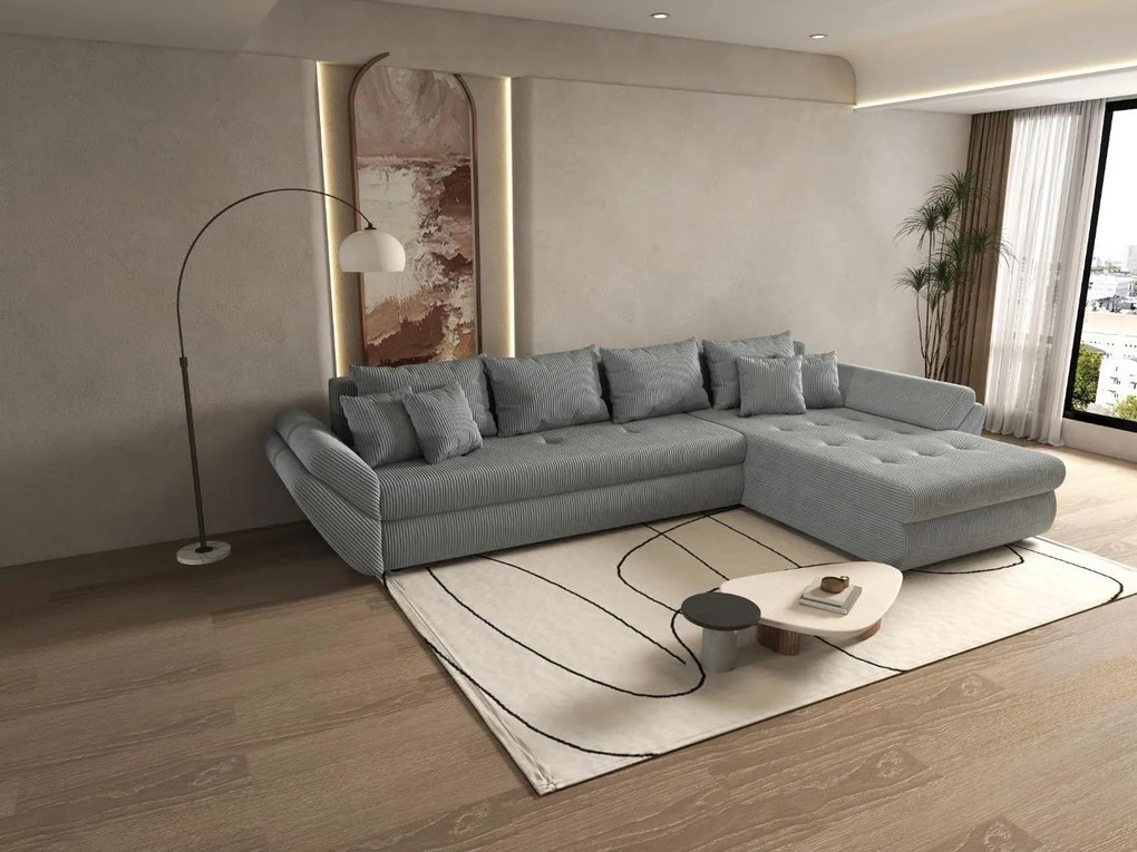 Colțar extensibil dumonde cu ladă de depozitare si sezut confortabil din spuma high-density, Loana XL Zoom Grey II 335x185 cm