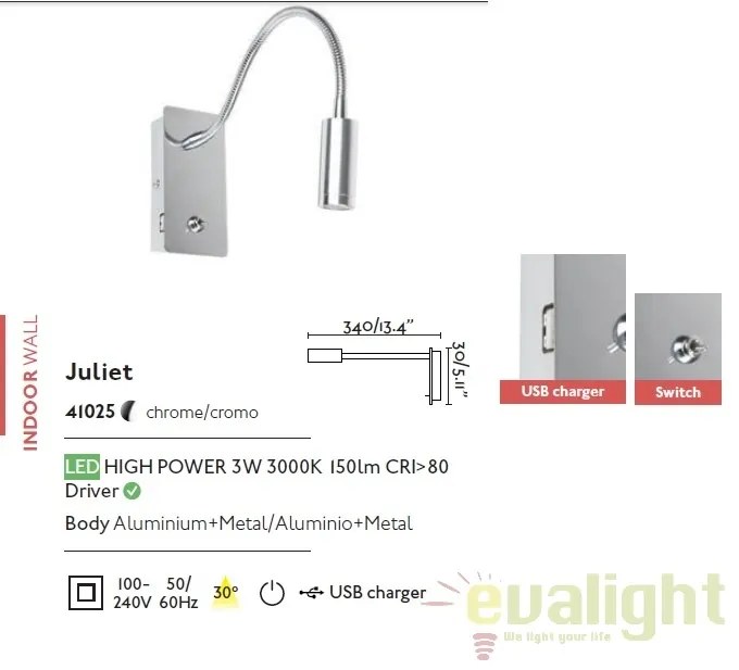 Aplica perete LED cu reader si USB charger JULIET 41025