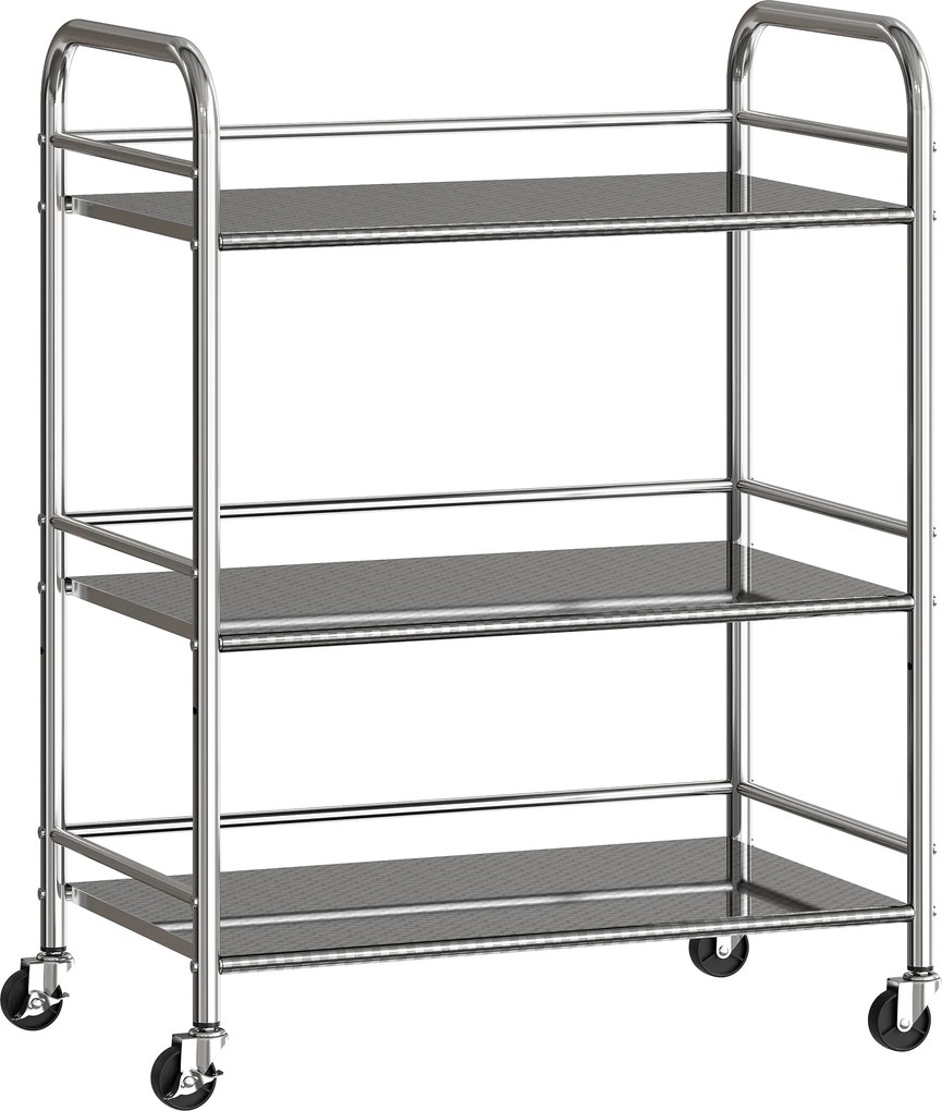 HOMCOM Cărucior de bucătărie cu 3 rafturi pe roți, cu mânere, argintiu | Aosom Romania