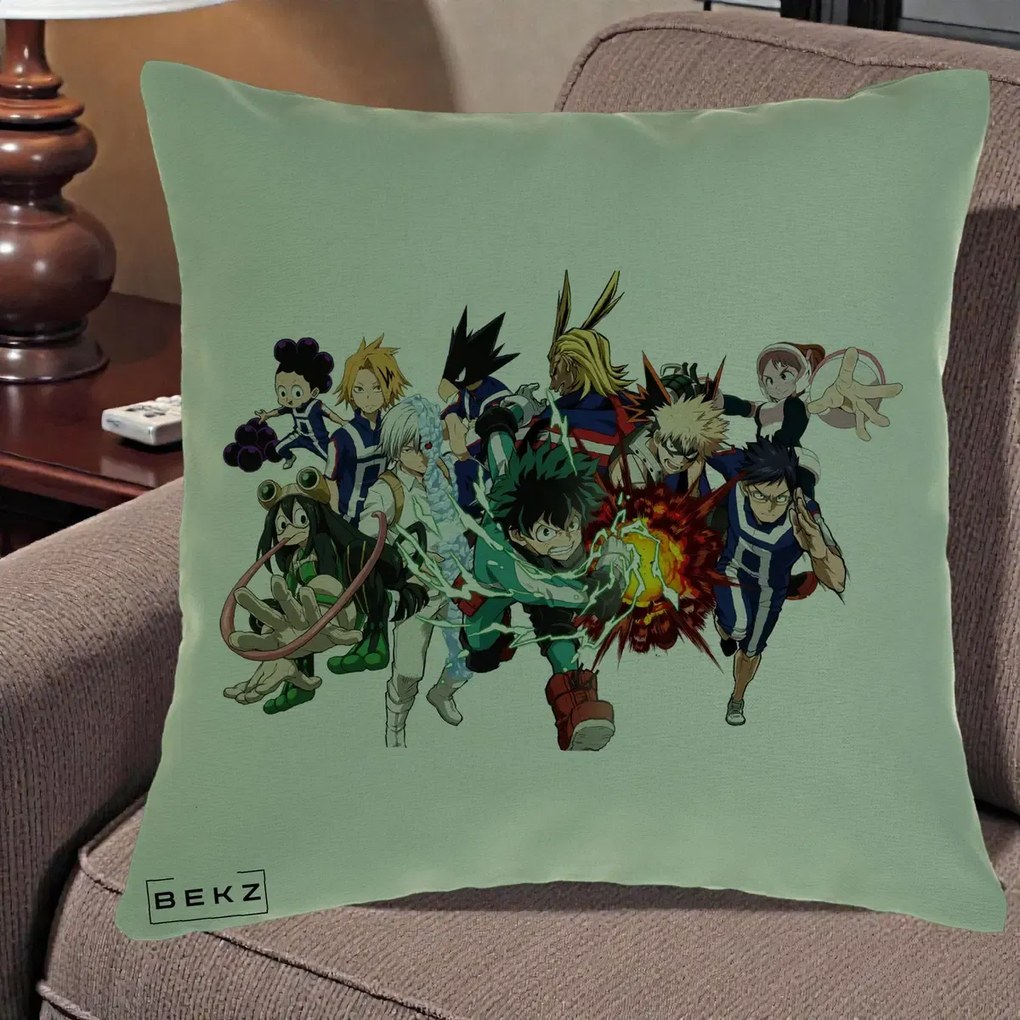 Perna Personalizata My Hero Academia Clasa 1-A Complet, 40x40 cm, Verde, Husa Detasabila, Perna Inclusa, BEKZ®