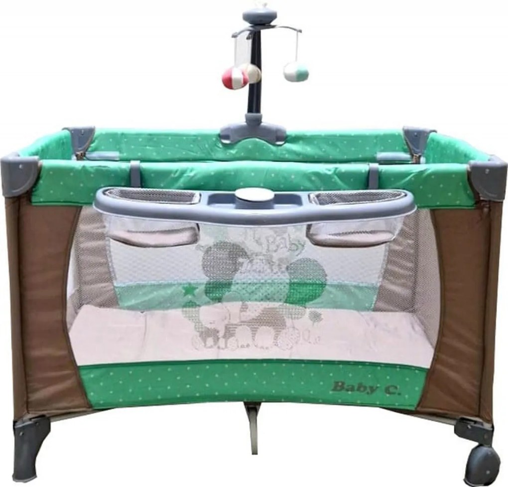 Patut Pliabil si Tarc copii Baby Care™ PRO FMAT, 2 Niveluri de inaltime, Cu melodii si Masa infasat, Carusel cu jucarii din plus, Plasa insecte,