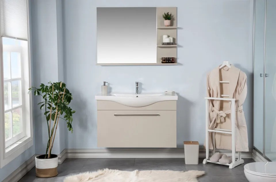 Set Mobilier Baie Arches, Include Baza Lavoar, Lavoar și Oglinda, 100 cm, Latte