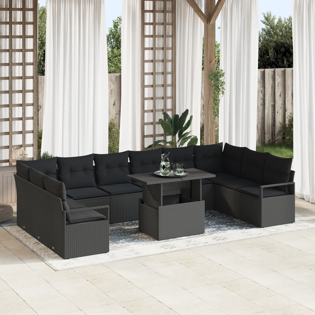 vidaXL Set de grădină 11 piese cu perne din ratan negru