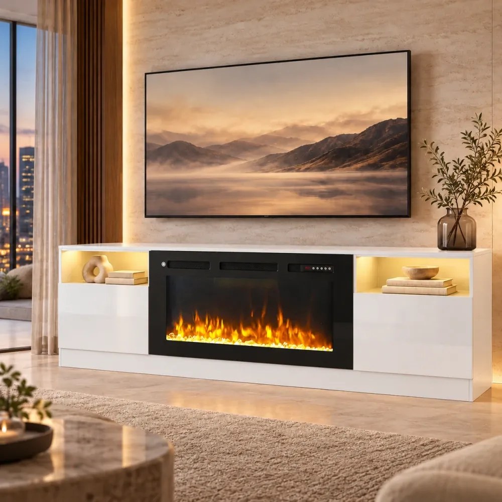 Comodă TV cu șemineu electric LED integrat – 178×35×59 cm, 12 culori flacără, Încălzire 750/1500 W, Telecomandă, Alb
