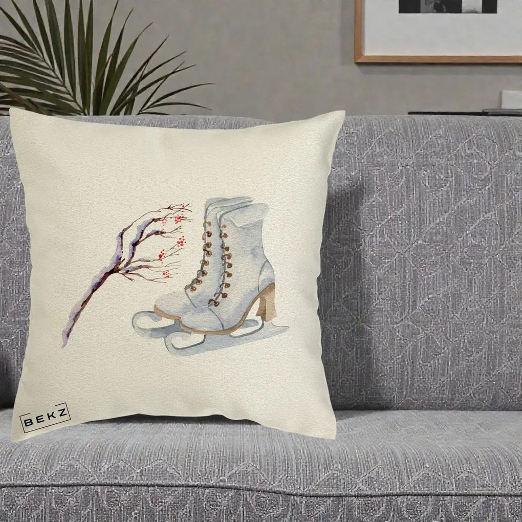 Perna Decorativa Patine cu Ramuri Inzapezite, 40x40 cm, Ecru, Husa Detasabila, Perna Inclusa, BEKZ®