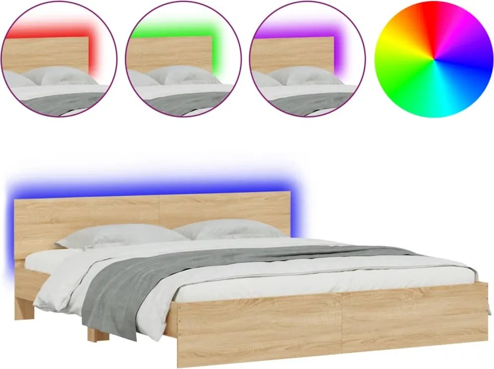 vidaXL Cadru de pat cu tăblie și LED, stejar sonoma, 180x200 cm