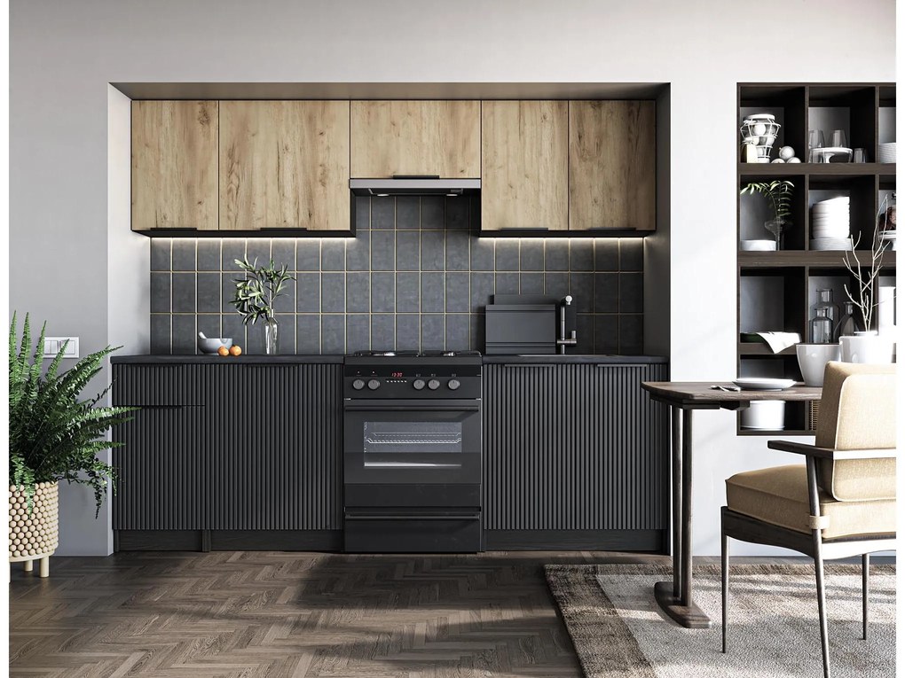 Bucătărie 240 cm Emoly (stejar artisan + negru). Promo -6%. 1092425