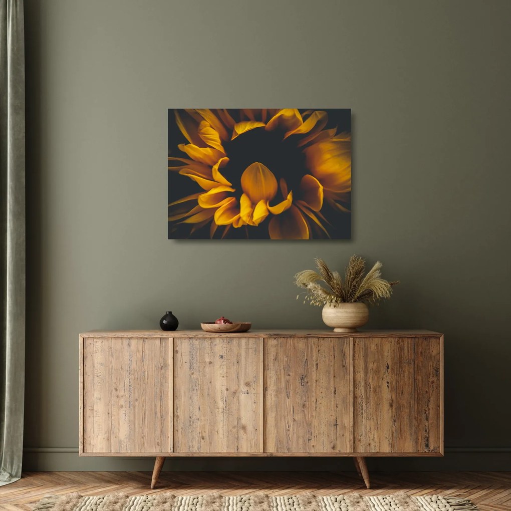 Tablou pe sticlă - Floarea-soarelui în fundal negru (70x50 cm)